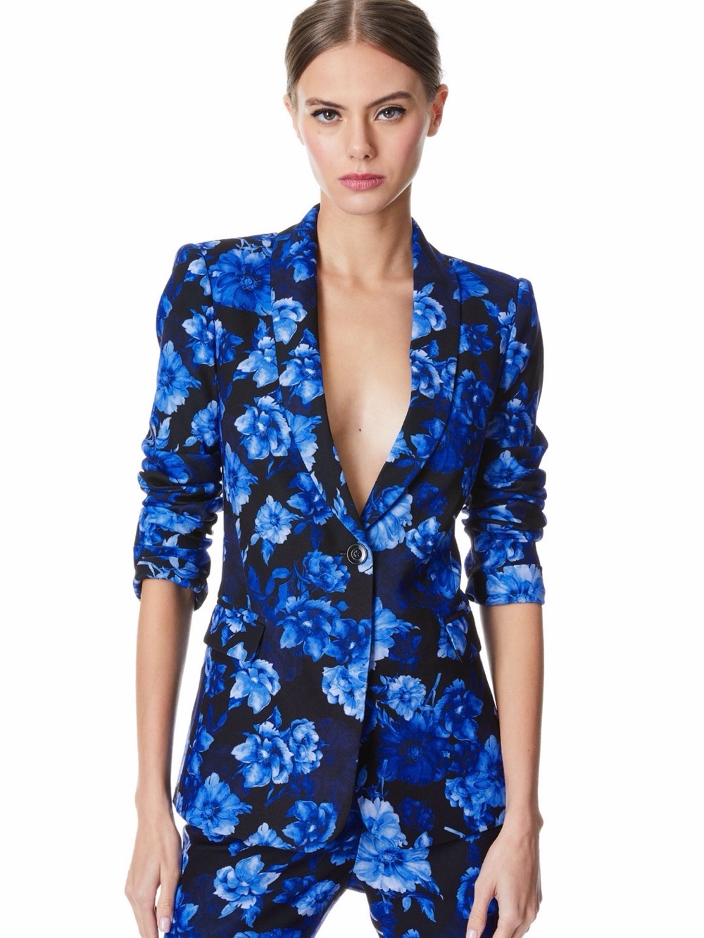 Alice + Olivia Macey Collared Blue Flower Floral Single-Button Blazer